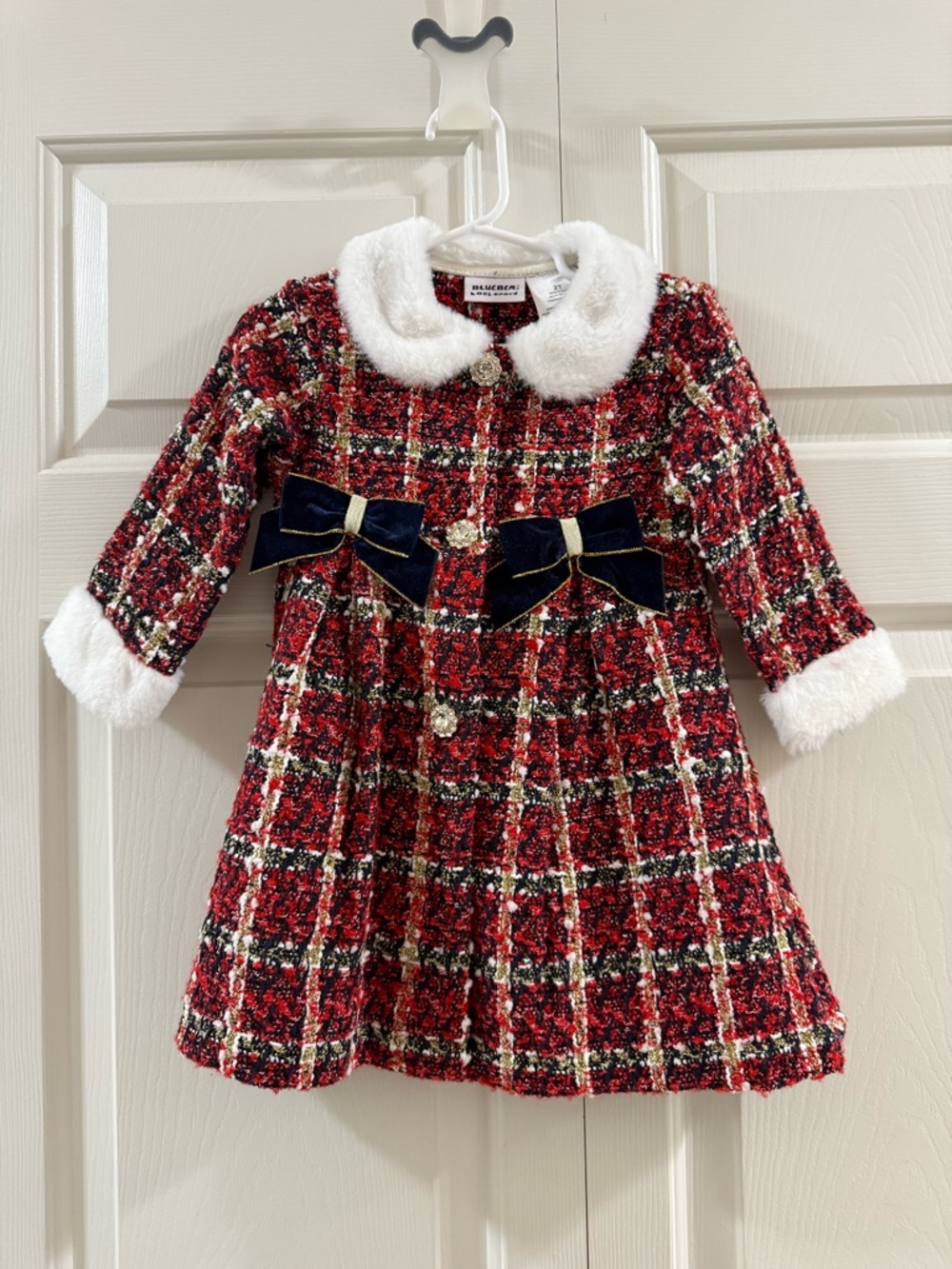 Blueberi Boulevard Red Plaid Tweed Dress Jacket Faux Fur Collar Bows 2T Holiday